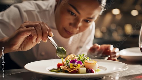 Chef Plating a Gourmet Appetizer With Floral Garnishing, Close Up