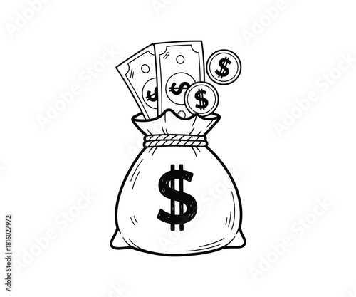 Money bag doodle with dollar sign, coins and banknotes in black ink