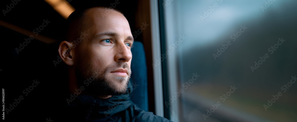 Fototapeta premium The man feels deep longing as he looks out the train window during travel