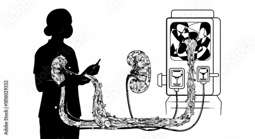 Medical illustration of kidney dialysis treatment, showing blood flow through a machine and a patient.