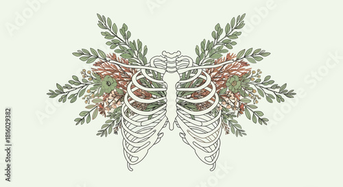 Human Rib Cage with Botanical Elements Illustration.