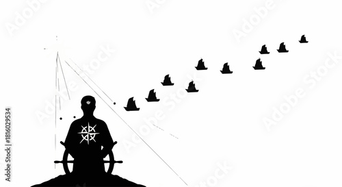 Silhouette of a captain steering a ship towards a fleet on a bright, clear day.