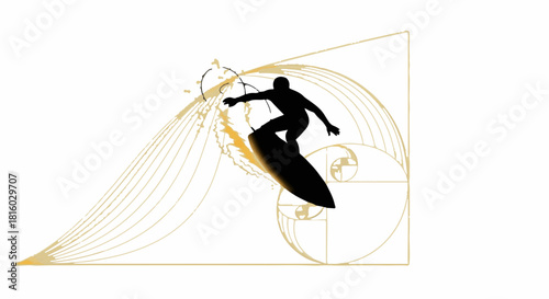 Surfer silhouette riding a wave with golden ratio spiral pattern