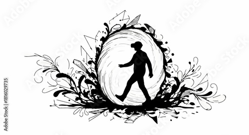 Silhouette of a person wearing VR headset stepping into an abstract portal of light and ink splashes.