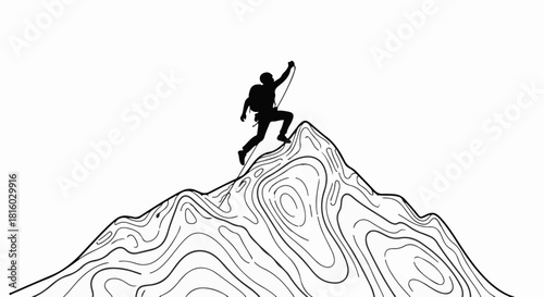 Silhouette of a determined climber reaching the summit of a rugged mountain peak.
