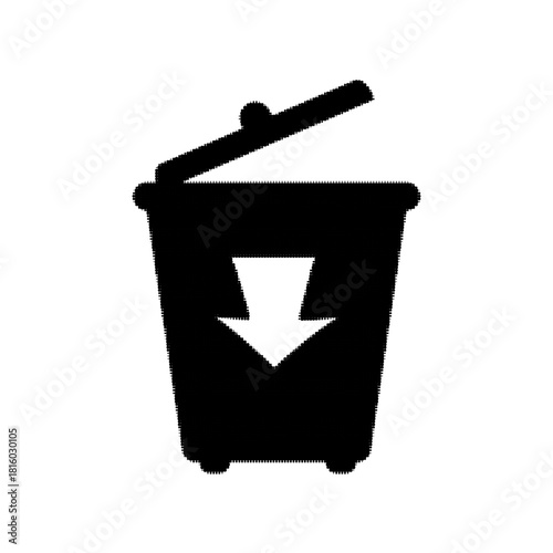 Halftone icon of a trash bin with an open lid and downward arrow. Minimal monochrome symbol for delete actions, waste management, UI design, recycling, and instructional graphics.