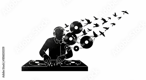 DJ creates music that inspires freedom and flight, symbolized by birds and vinyl records.