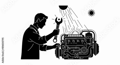 Skilled mechanic diligently repairs complex engine with tools under bright light