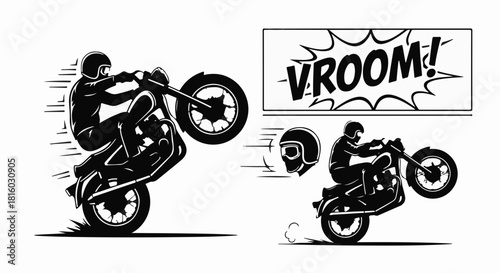 Dynamic silhouette of a motorcyclist performing a wheelie with a "VROOM!" sound effect, capturing speed and excitement.