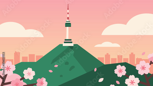 Springtime View of Namsan Tower and Cherry Blossoms in Seoul