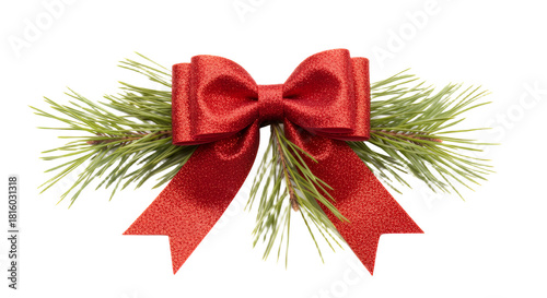 Festive red glitter bow with pine needles for holiday decoration and design on transparent background