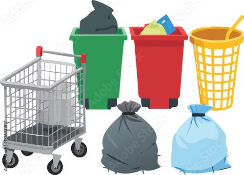 Various colorful recycling and trash containers with bags a shopping cart and waste