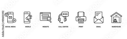 Omnichannel banner web icon vector illustration concept with icon of social media, mobile, website, call center, print, email, and warehouse 