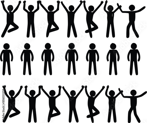 A collection of black stick figures celebrating victory with raised arms together