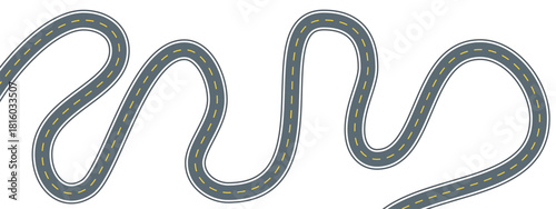 Winding racetrack flat line illustration. Vector outline pictogram of a curved asphalt highway with yellow dashed lane markings forming looping bends, symbolizing race route