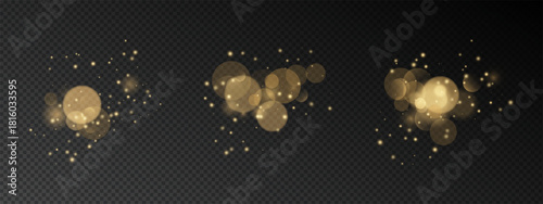 Golden bokeh light effect on night background. Luminous glitter particles, shimmering dots, soft circles with warm glow and sparkle. Vector holiday decoration template for christmas cards.