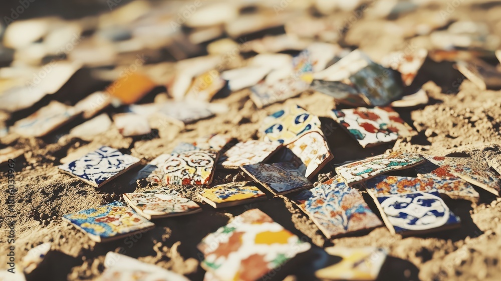 Naklejka premium Broken mosaic tile fragments scattered on the ground