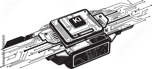 High-tech electronic circuit board design with futuristic components and digital data streams, representing innovation and advanced technology