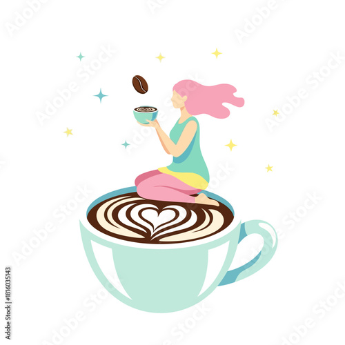 Whimsical coffee break illustration of a woman sitting on a cup with artistic latte art concept
