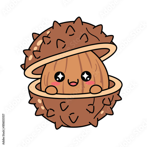 Charming chestnut character emerging from spiky shell with sweet captivating expression
