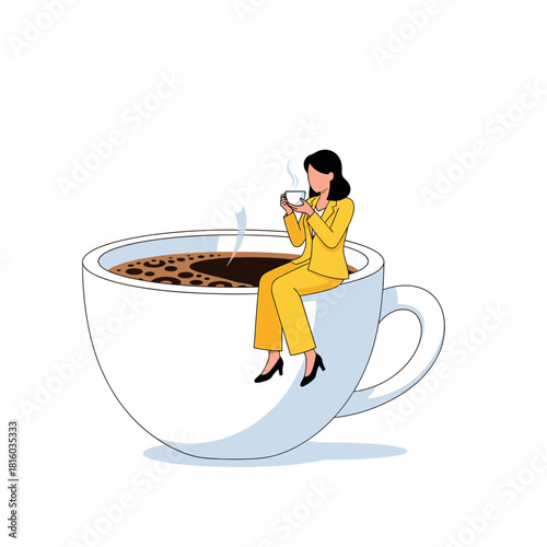 Whimsical coffee break illustration featuring a relaxed woman on a giant cup offering a pause
