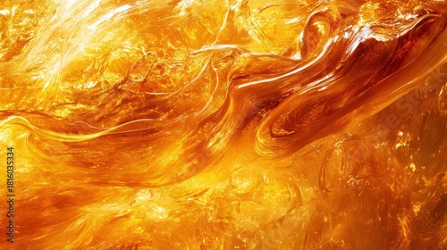Intricate molten glass art with swirling amber and golden textures illuminated by warm light