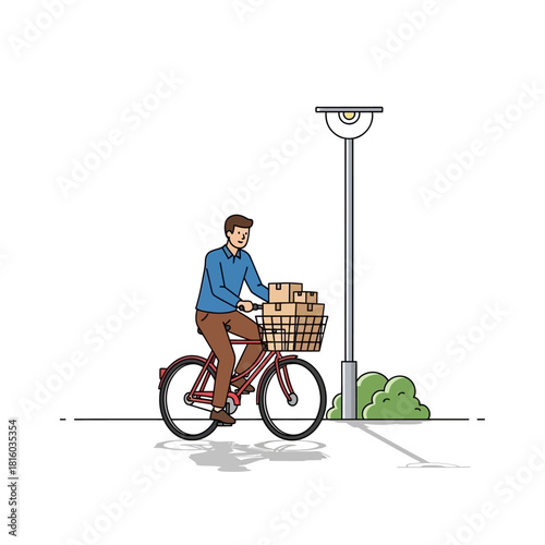 Delivery cyclist pedaling efficiently in the city with packages beneath the lamppost on a bright day
