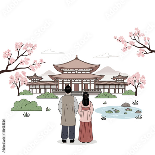 Romantic hanbok-clad couple viewing traditional korean architecture and cherry blossoms in spring