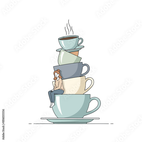 A whimsical stack of teacups towers with a serene woman amidst warm beverages and gentle charm