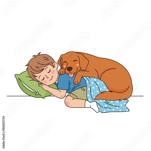 Cozy afternoon nap with a boy and his loyal golden retriever friend in a relaxed scene