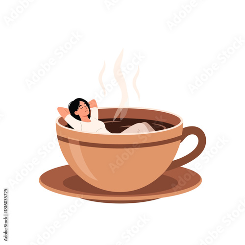 Aromatic Indulgence: Woman Relaxing in a Giant Coffee Cup Escape Reality Dream