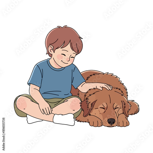 Illustration of a serene moment between a young boy and his loyal golden companion sharing comfort