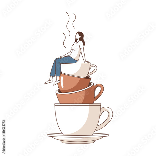 Dreamy contemplation illustration atop a stack of steaming coffee cups depicting comfort and