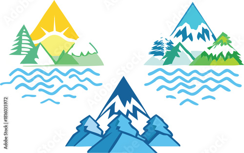 Four stylized seasonal icons depicting mountains trees sun and water elements high quality