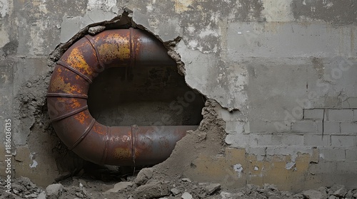 Damaged rusty pipe protruding from a broken concrete wall