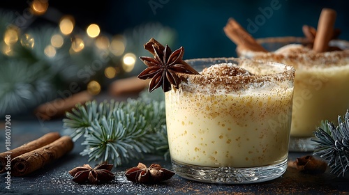 Cozy holiday scene featuring two glasses of creamy eggnog garnished with star anise and a cinnamon stick, set against festive evergreen branches.