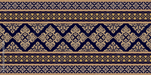 Royal navy blue and gold seamless pattern with floral borders. Vintage damask ornament background for luxury packaging and textile design.