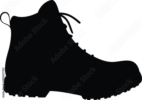 A simple black silhouette of a hiking boot with laces and a thick