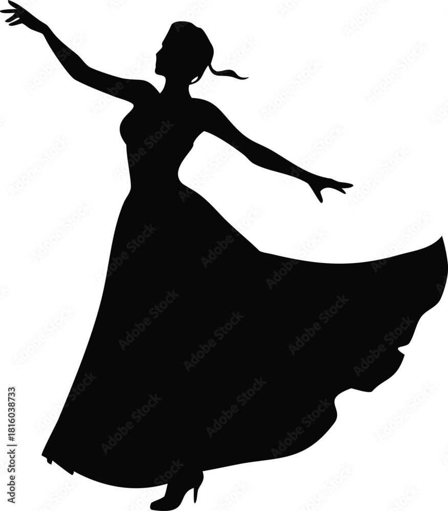 Fototapeta premium A graceful silhouette of a woman dancing with a flowing elegant dress form