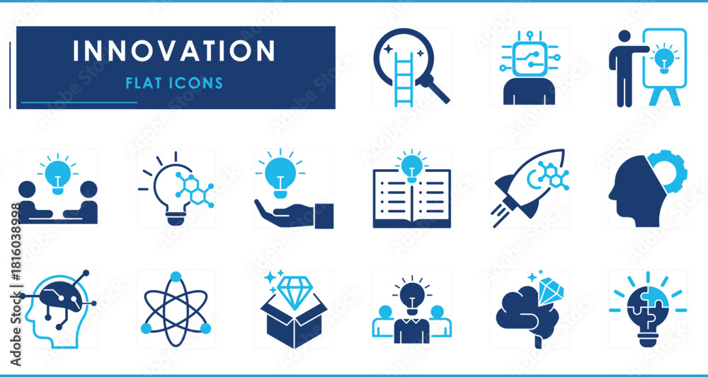 Fototapeta premium A set of flat icons related to Innovation. Innovate, bulb, puzzle, mindful, intelligent, idea, startups, planning, study, research, and so on.