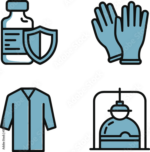 Icon set of medical safety symbols including a vaccine bottle with shield, gloves, lab coat, and isolation chamber on a white background with a clinical mood.