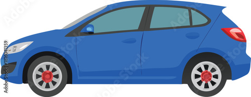 A vibrant blue hatchback car illustration is shown in a side view profile
