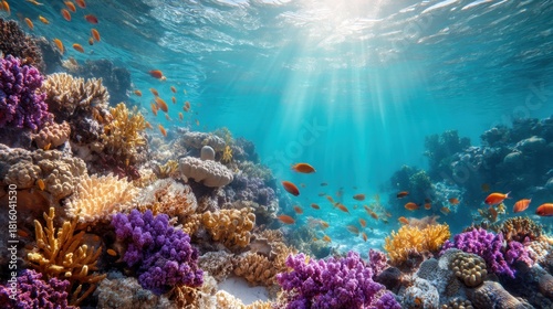 Fototapeta Naklejka Na Ścianę i Meble -  Colorful coral reef with small fish swimming under shimmering sunlight. Underwater tropical scene for nature, ocean, and environment concepts.