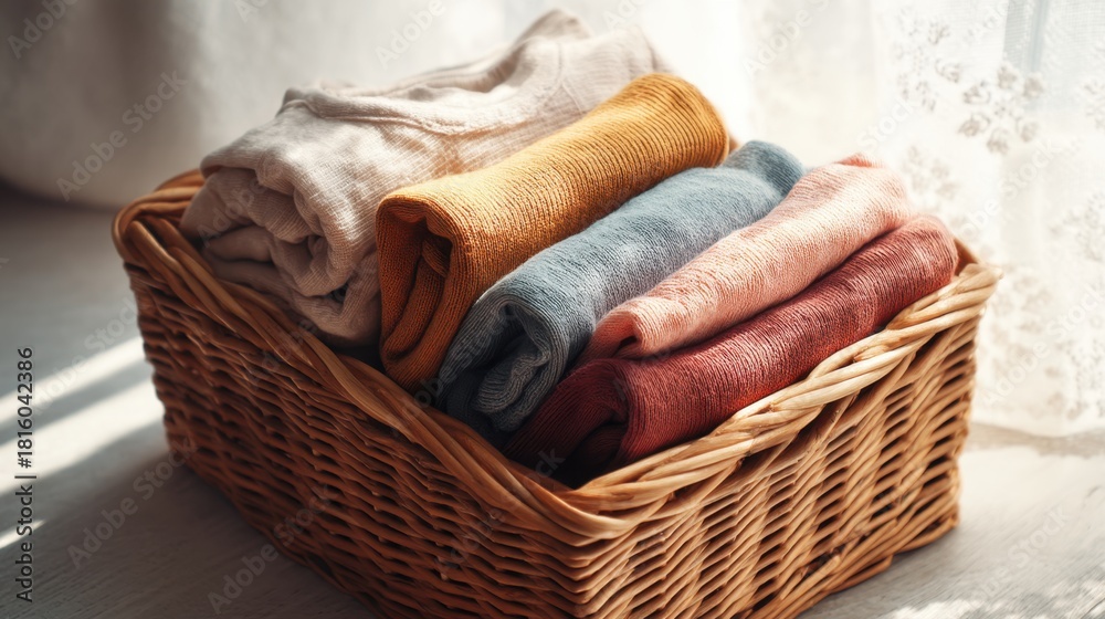 Obraz premium Folded clean clothes in a wicker basket, tidily arranged in warm, earthy colors. Concept of organizing and keeping things in order for home comfort.