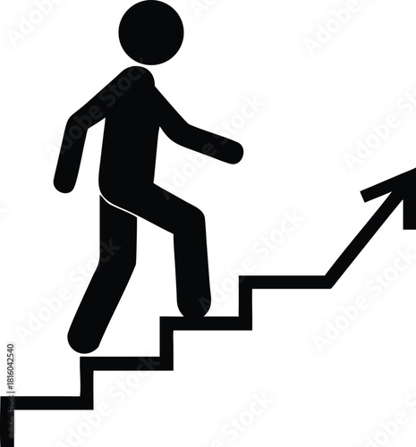 A silhouetted figure is depicted ascending a staircase that forms an upward trend