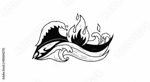 Fiery waves and a boat engulfed in flames, symbolizing destruction and chaos.