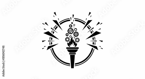 Symbol of innovation and progress with a torch and gears.
