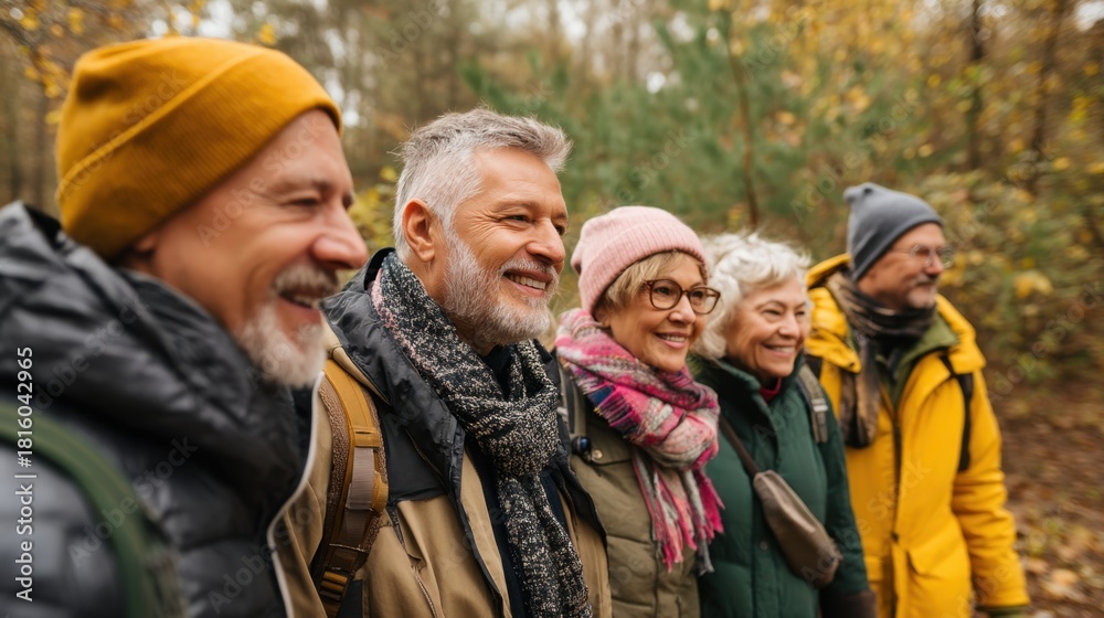 Fototapeta premium Group of mature men and women smiling while walking outdoors on nature trail in autumn forest. Happy elder friends enjoying wellness activity together.