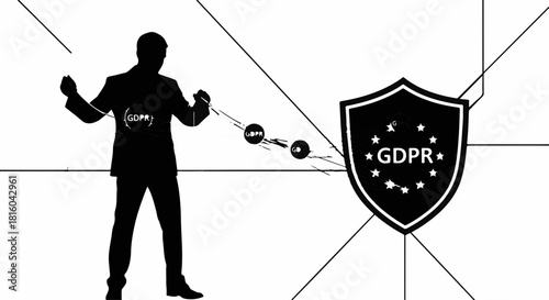 Businessman in silhouette protecting data with GDPR shield against digital threats