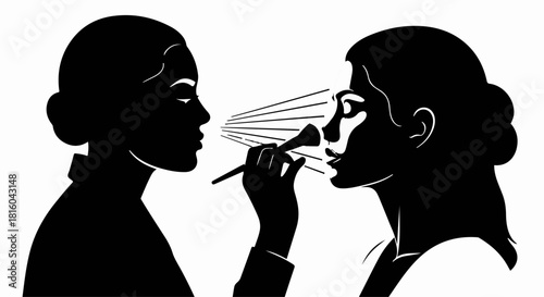 Artist applying makeup to a client with a brush, focusing on facial contouring